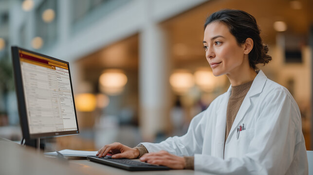 Drug interaction screening software displayed on dual monitor workstation as clinical pharmacist reviews contraindication alerts for polypharmacy patient file, electronic health record integration, 