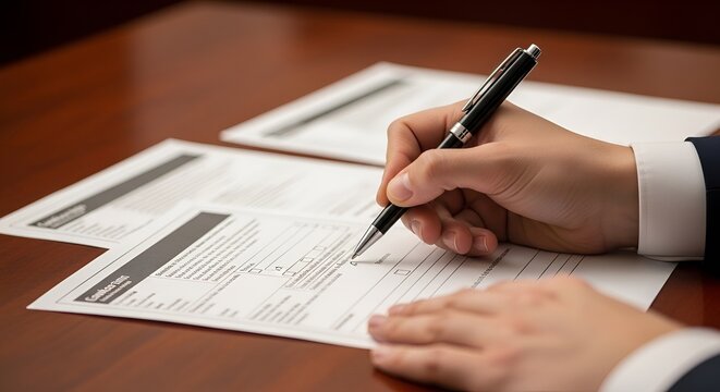 Hand signing a document with a pen on a wooden desk, close-up view