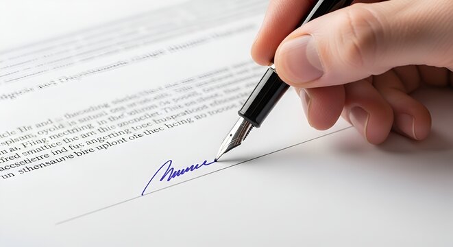 Hand signing document with fountain pen, close-up on signature and pen nib