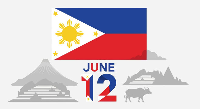 Philippines Independence Day June 12 Flag, Landmark Icons, Carabao