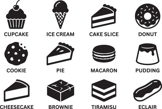 Sweet dessert silhouette icons with cupcake ice cream cake slice donut cookie pie macaron pudding cheesecake brownie tiramisu eclair for patisserie menu