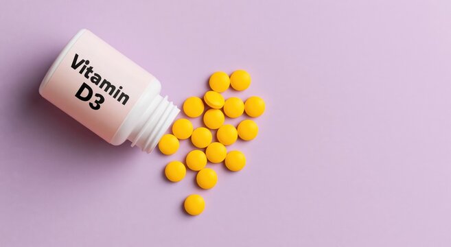 Vitamin D3 supplement pills spilling from a white bottle on a light purple background, promoting health and wellness