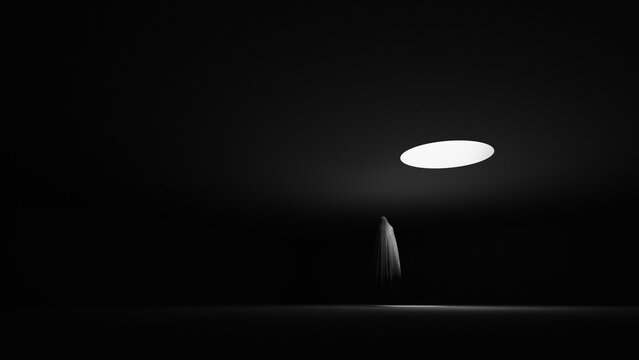 Hooded Ghost Floating Phantom Spirit Apparition in Dark Empty Room with Dramatic Circular Overhead Light Eerie Minimalist Atmosphere 3D Illustration