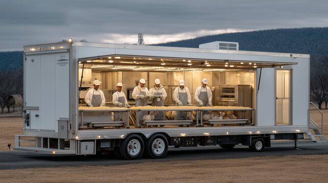Poultry mobile processing unit parked at a small farm, a family unit working at stainless steel stations under a canopied trailer, wearing aprons and gloves, harvested birds moving along the workflo