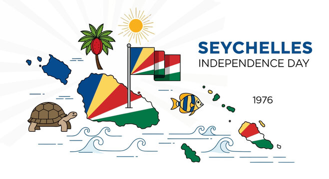 Seychelles Independence Day Celebration Map with Flag, Turtle, Palm Tree, Fish