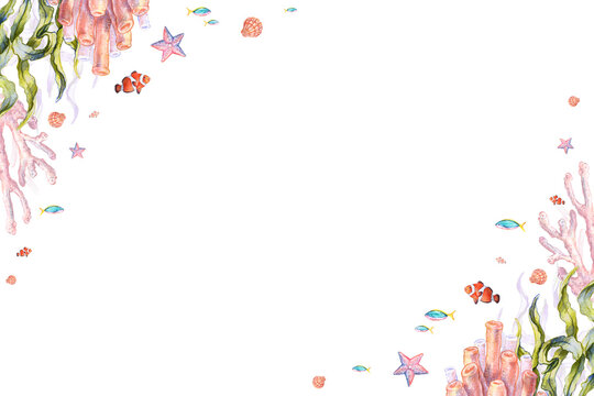 Ocean watercolor border frame with coral, fish, starfish, seaweed, shells. Underwater sea life horizontal frame isolated on white background. Marine aquatic illustration.