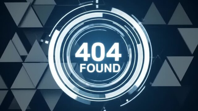 Futuristic digital interface showing 404 Found text with glowing circular elements on a dark geometric triangle background