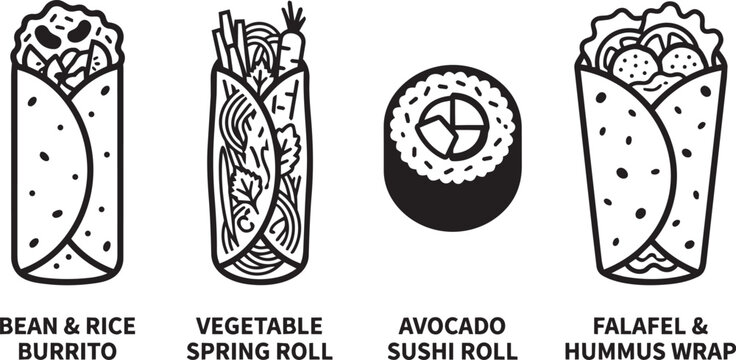 Plant based wrap icons with bean rice burrito spring roll avocado sushi falafel hummus wrap for vegan menu