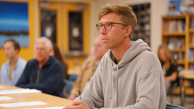 Product recall class action attorney interviews a group of affected consumers in a community center meeting room, recording statements while case intake forms and product photographs are spread acro
