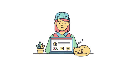 Naklejka premium Woman Working on Laptop with Cat.