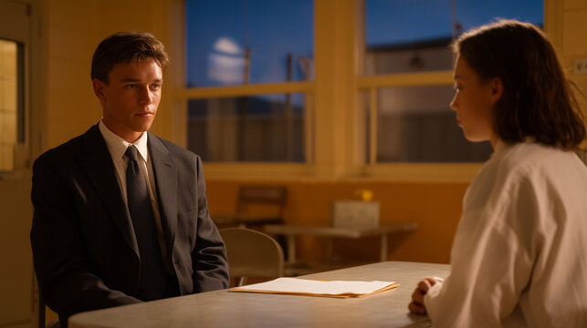 Court-appointed defense attorney visits a juvenile detention facility meeting room at twilight, reviewing charges with a teenage client seated across a bolted-down table while a social worker observ