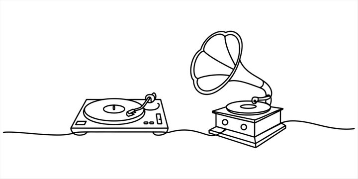 Continuous single line drawing of a modern dj turntable and a vintage gramophone record player Vector, illustration