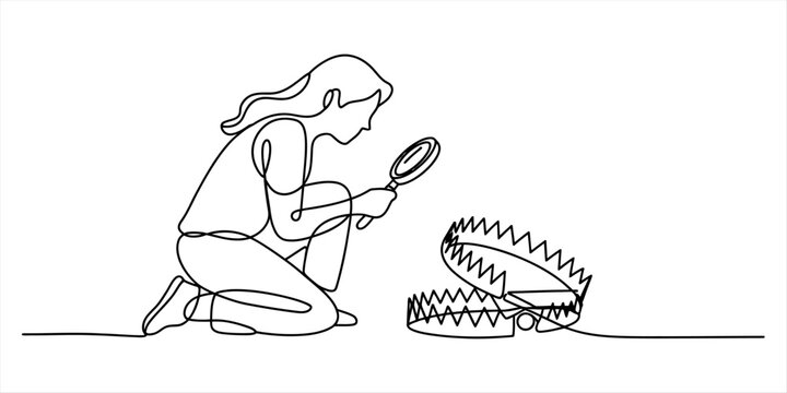 Woman looking at a dangerous metal trap with a magnifying glass in a continuous line drawing style Vector, illustration