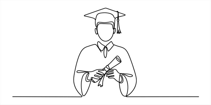 Continuous single line drawing of a happy graduate student wearing a cap and holding a diploma scroll for education and academic success concepts Vector, illustration
