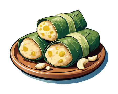 Traditional Indonesian lemper snack made of glutinous rice filled with seasoned shredded chicken wrapped in green banana leaf - Vector Illustration