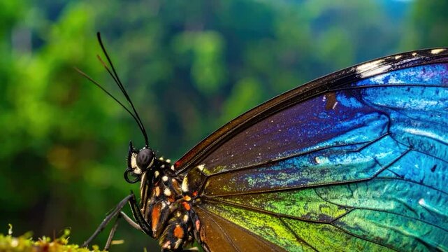 Close-up of iridescent butterfly wings with vibrant blue green and purple hues on a blurred green forest background