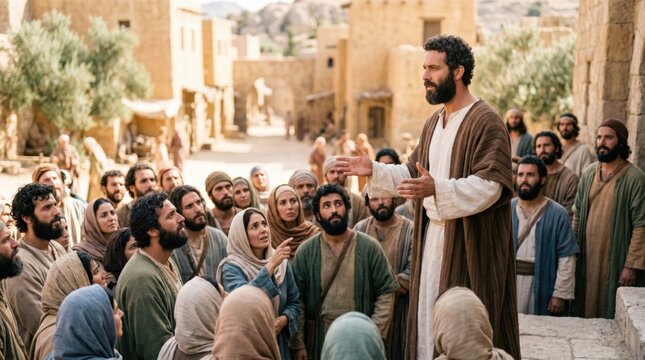Philip the apostle preaching to the crowd in Samaria. Biblical scene from Acts of the Apostles. Ancient town street with men and women gathered to listen to a sermon about spiritual faith.
