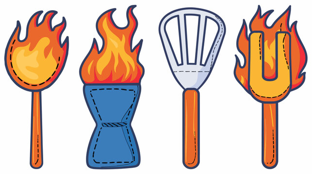 Illustrated grilling tools. Flames surround spatula, fork, and utensil holder