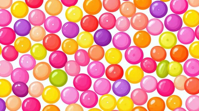 Colorful assorted round gumballs or candies arranged in a seamless pattern on a white background