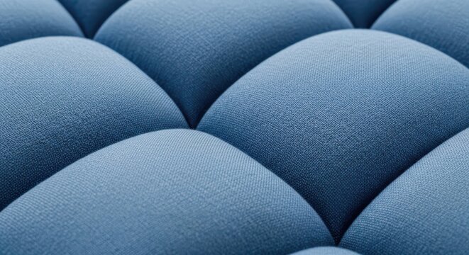 Closeup of blue tufted upholstery fabric with rounded buttons