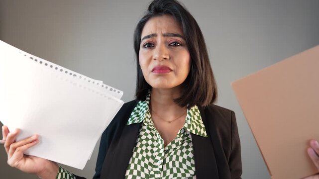 Closeup of tired frustrated young Asian business woman manager holding document papers pen look at camera with sad stressed face expression overworked burnout, isolated over grey studio background.