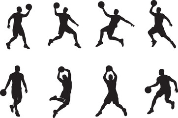 Basketball player silhouettes set, 8 vector athlete figures in action poses, black sport icons of men jumping and dribbling for graphic design © Adnan