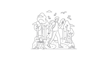 Obraz premium Hiking, outdoor adventure, travel, vector illustration, line art