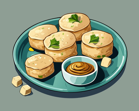 Steamed siomay dumplings with peanut sauce and lime served on a teal plate for popular indonesian street food - Vector Illustration