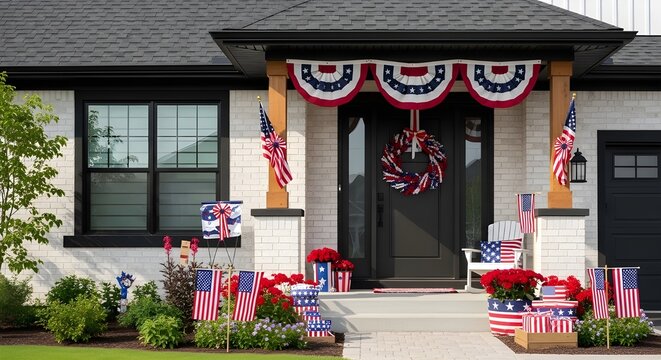 Patriotic house exterior with American flags and decorations for Independence Day.