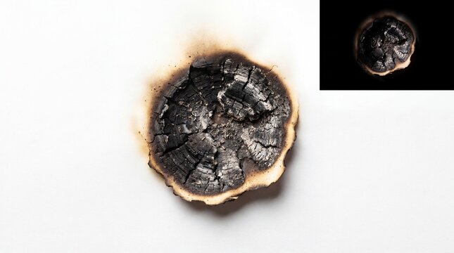 Burned hole in white paper with charred black edges and singed brown texture closeup of fire damage on paper surface macro shot of a circular burn mark with charcoal texture
