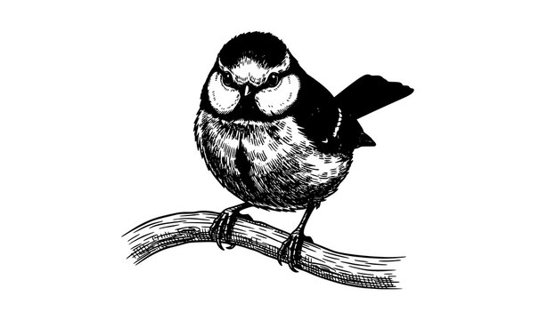 Decorative Blue Tit Bird on Flowering Branch Vintage Engraving Line Art Vector Isolated