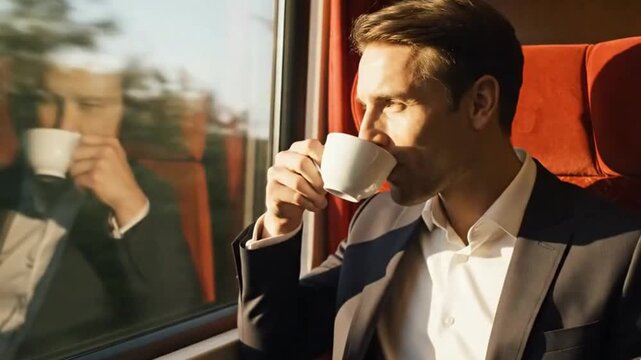 Man on train drinking coffee, travel lifestyle