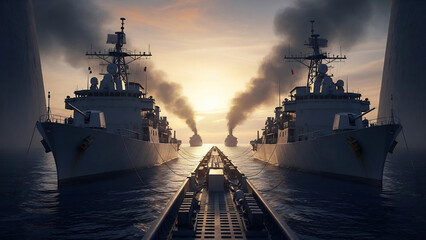Fototapeta premium Naval warships sailing in formation at sunset on the ocean