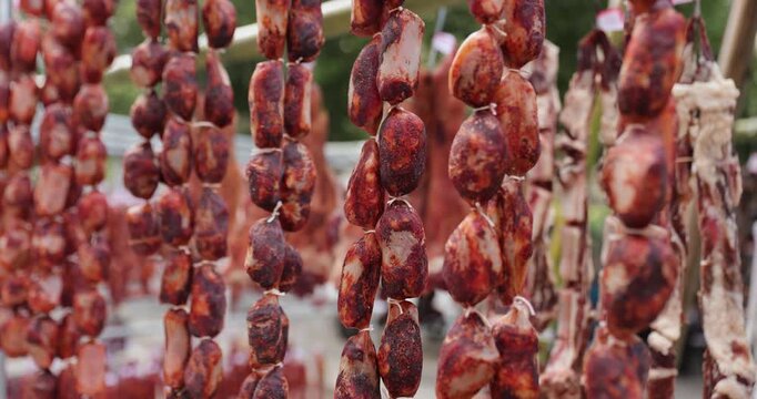 Traditional Chinese lunar new year food: dried sausage in chengdu city,China