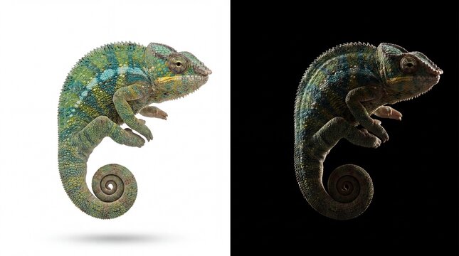 A vibrant panther chameleon with a curled tail, showcasing intricate skin patterns and textures, captured in a studio setting with highcontrast lighting