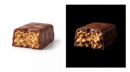 Bitten chocolate bar with crispy wafer and peanut butter filling isolated on white background