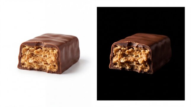 Bitten chocolate bar with crispy wafer and peanut butter filling isolated on white background