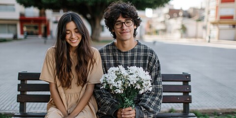 Fototapeta premium Young couple sitting with bouquet on outdoor bench