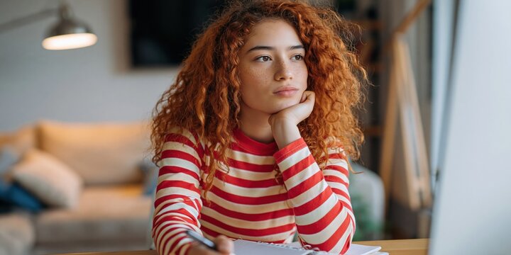 Red haired teen daydreaming while working at computer