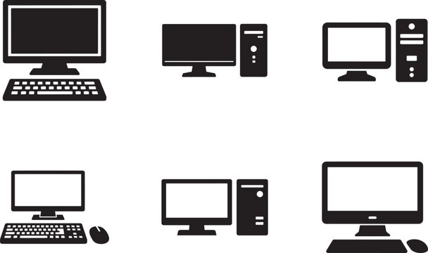 PC computer icon set with modern desktop symbols for web, app, UI, logo, and digital design use.
