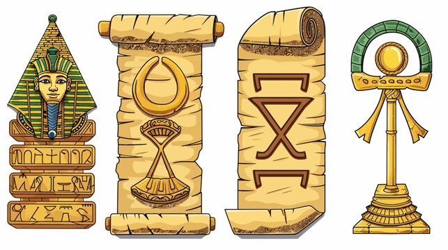 Cartoon icons of ancient Egyptian artifacts, including a scroll and pharaoh bust.