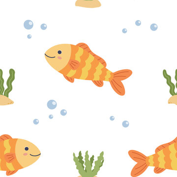 Vector Seamless pattern with cute cartoon fish and seaweed on white background