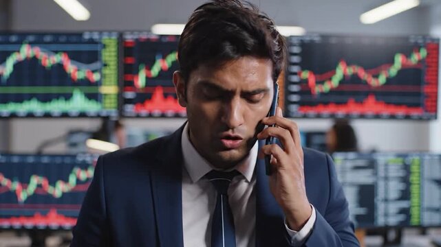 A frustrated businessman in a suit talks on the phone in front of multiple computer screens displaying financial charts and graphs