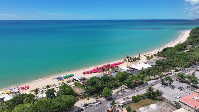 Taperapua Beach At Porto Seguro In Bahia Brazil. Tropical Skyline. Beach Landscape. Native Coconut Trees. Taperapua Beach In Porto Seguro In Brazil. Nature Seascape. Brazil Northeastern.