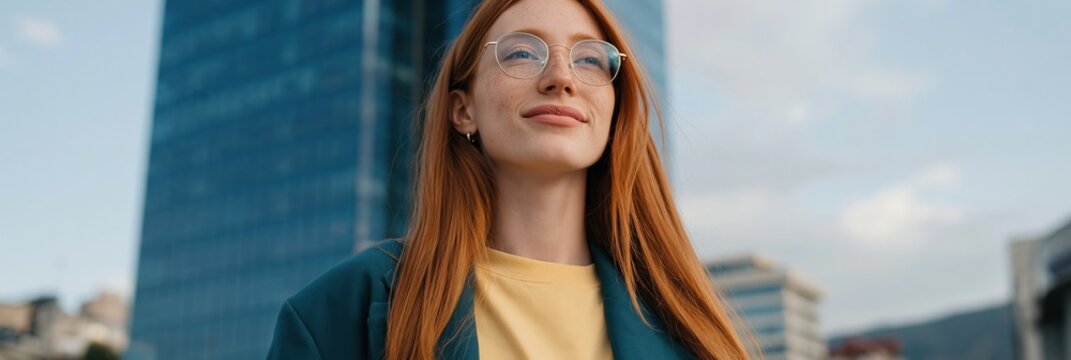 Young redhead woman smiling standing in urban business district