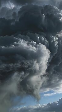 Vertical video: Growing storm cloud rotating at horizon from updrafts with blue patch, bright bank
