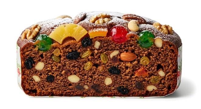 Tasty fruitcake with holiday style presentation on white background