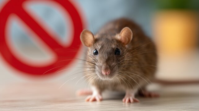 House mouse on floor with no-entry sign in background symbolizing rodent exclusion and rat house service pest control.
