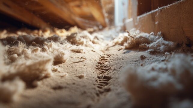Attic insulation with clear rodent track leading to wall penetration, indicating rodent exclusion need and rat house pest control service.