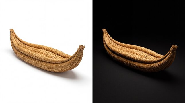 Traditional totora reed boat model, a handcrafted replica of the ancient watercraft used by the uru people on lake titicaca, isolated on white background